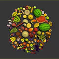 Fresh Assorted Fruits Arranged in Circular Pattern With Vibrant Colors Banana Pineapple Watermelon Orange Grape