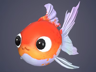 3D Cute Cartoon Goldfish Character With Big Eyes Orange White Body And Purple Fins 3d model