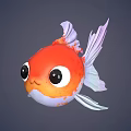 3D Cute Cartoon Goldfish Character With Big Eyes Orange White Body And Purple Fins 3d model