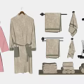 Modern Bathroom With Hanging Bath Towels Robes And Rolled Towels On Shelves