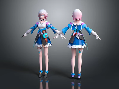 Anime Characters With Pink Hair And Blue White Outfit Front Back Views Decorative Accessories 3d model