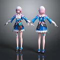 Anime Characters With Pink Hair And Blue White Outfit Front Back Views Decorative Accessories
