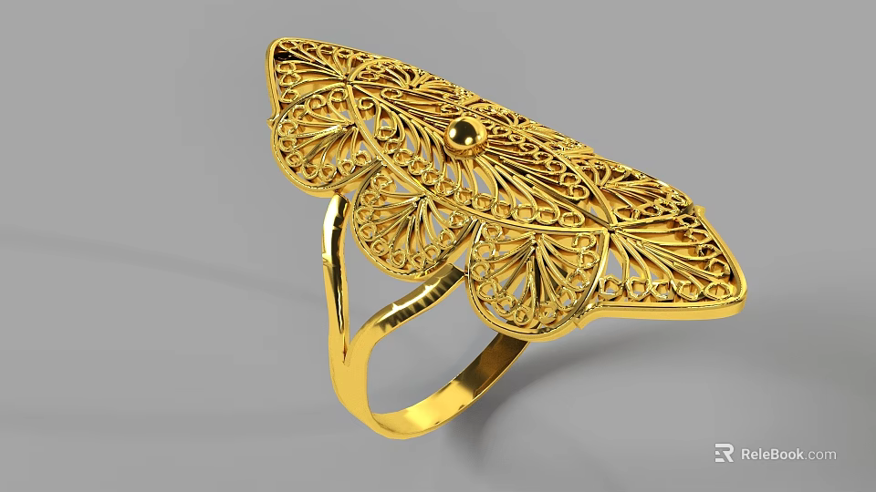 Exquisite Gold Ring With Intricate Filigree Design And Central Bead Accent 3d model 