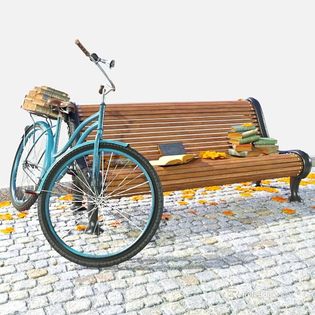 Cobblestone Ground With Blue Bicycle Wooden Bench Books And Fallen Leaves 3d model 