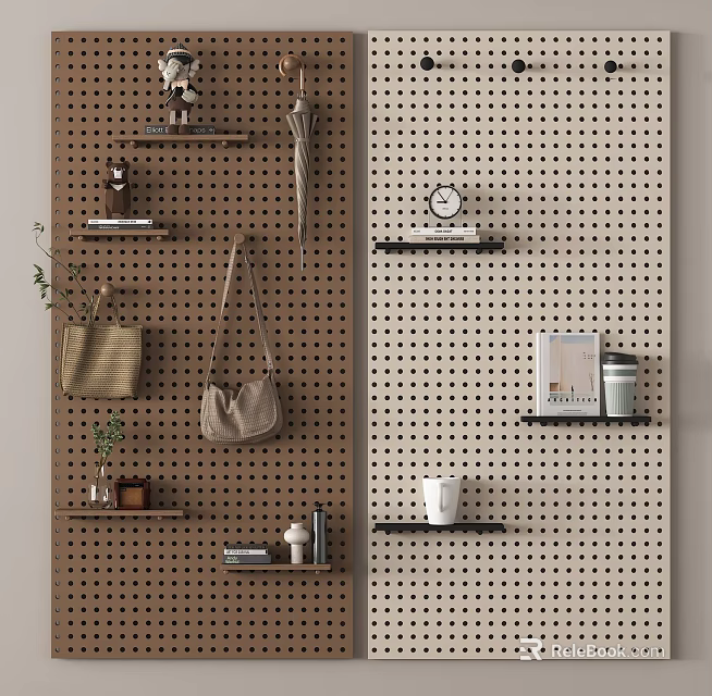 Pegboard Hanging Accessories With Bags Umbrella Clock Cups Books Plants Shelves For Home Wall Organizer 3d model 