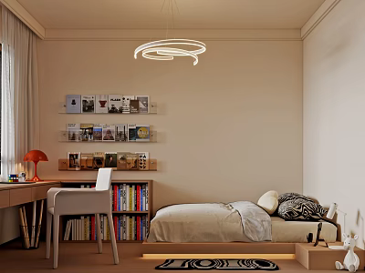Cozy Kids Room Interior With Single Bed Study Desk Bookshelf And Hanging Lighting Fixture 3d model