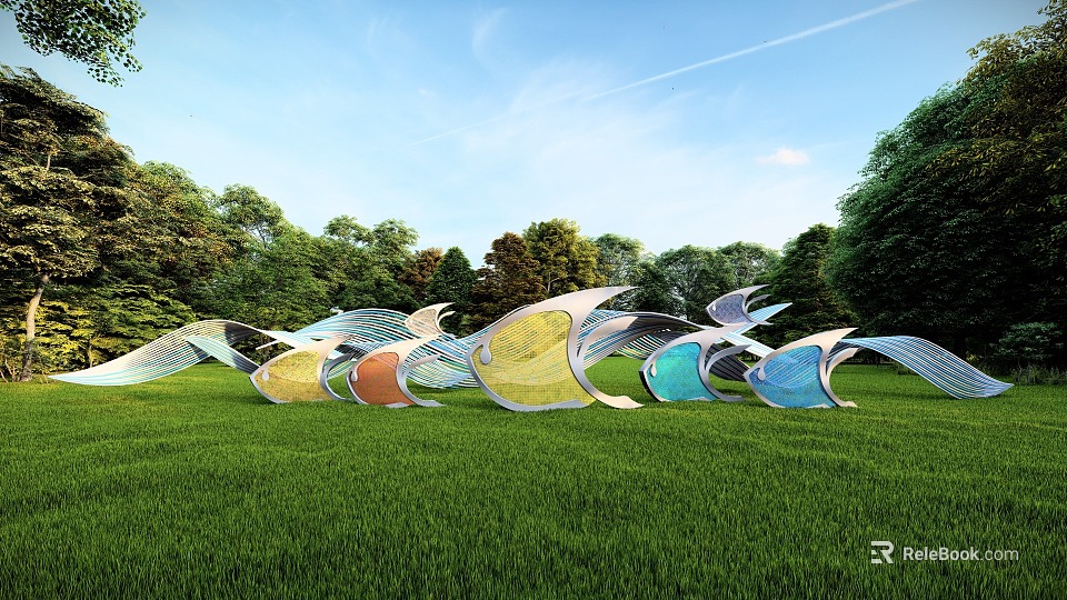 Colorful Wavy Sculptures in Green Grass Field with Trees and Blue Sky 3d model 