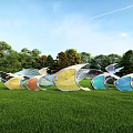 Colorful Wavy Sculptures in Green Grass Field with Trees and Blue Sky