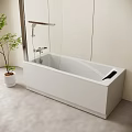 White Modern Bathtub with Shower Fixture in Minimalist Bathroom and Potted Plant