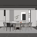 Modern Restaurant Interior Design With Dining Table Chairs Plants And Large Windows 3d model