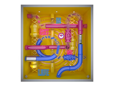 Vibrant Store Window Display With Colorful Art Installation Pink Blue Pipes And ART LIVE LOVE 3d model