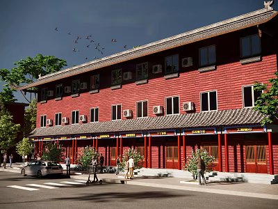 Red Traditional Ancient Architecture Two Story Building With Decorative Roof And Street View 3d model
