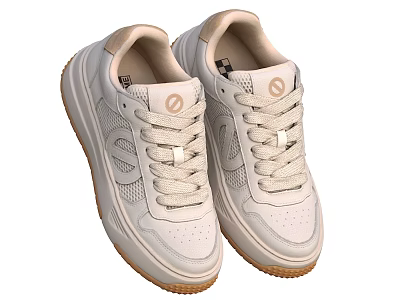 White Casual Sports Shoes With Mesh Upper Lace Up Design And Beige Rubber Sole 3d model