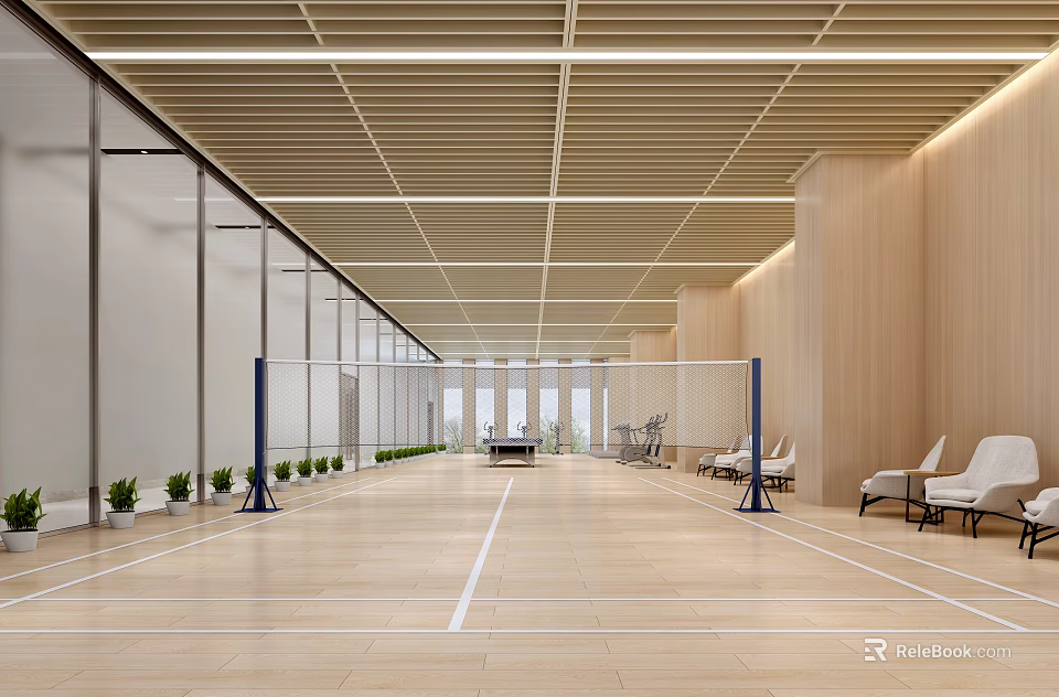 Indoor Sports Fitness Court With Wooden Floor Glass Partitions And Rest Chairs 3d model 