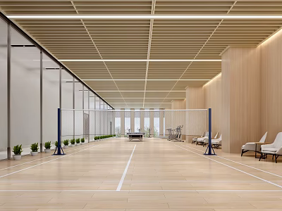 Indoor Sports Fitness Court With Wooden Floor Glass Partitions And Rest Chairs 3d model