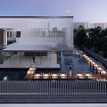 Modern Sales Office Building with White Exterior Glass Water Pool Wooden Walkway Lighting and Greenery