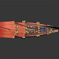 Vintage Chinese Junk Sailing Boat With Red Sails Cargo And Dark Background Reflection