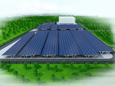 Parking Lot With Solar Panels Covered Roof And Green Surrounding Landscaping 3d model
