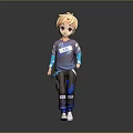3D Blonde Haired Character In Purple Shirt Blue Sleeves Black Pants White Sneakers Standing Pose