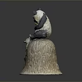 Cute Panda Figurine Sitting On Tree Stump Base With Yellow Flower And Green Leaves