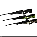 Three Detailed 3D Rendered Modern Sniper Rifles With Different Colors And Camouflage Patterns