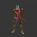 Red Samurai Character in Traditional Armor Holding Two Swords Posing in Combat Stance