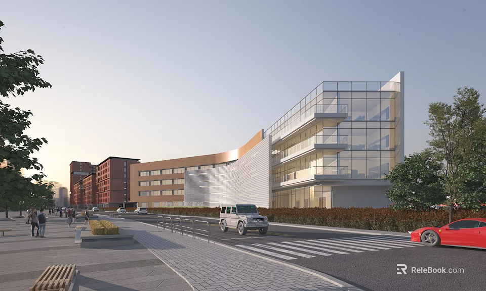 Modern Multi Level Office Building With Glass Facade Adjacent Red Brick Buildings Street Pedestrians Vehicles 3d model 