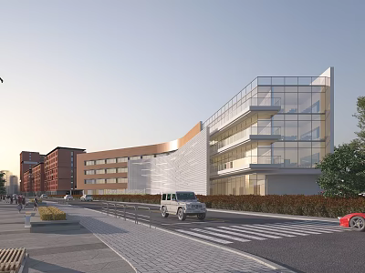 Modern Multi Level Office Building With Glass Facade Adjacent Red Brick Buildings Street Pedestrians Vehicles 3d model