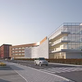 Modern Multi Level Office Building With Glass Facade Adjacent Red Brick Buildings Street Pedestrians Vehicles