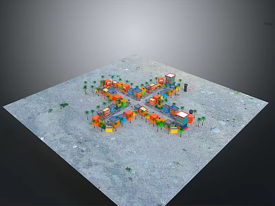 Scenic View of Colorful Containers Arranged on Sandy Ground With Palm Trees 3d model