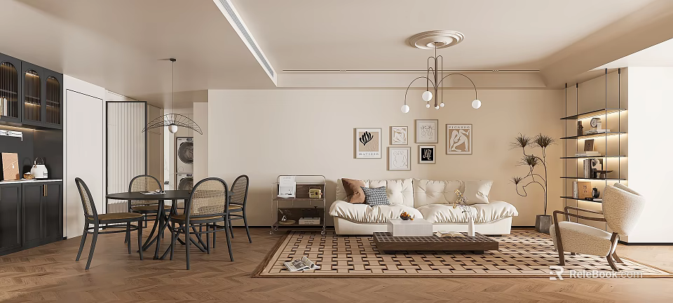 Modern Open Living Dining Room Interior With Neutral Sofa Dining Table And Wall Art 3d model 