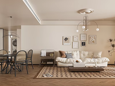 Modern Open Living Dining Room Interior With Neutral Sofa Dining Table And Wall Art 3d model