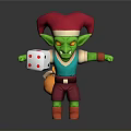 3D Green Goblin Character With Red Jester Hat Holding White Dice And Colorful Outfit