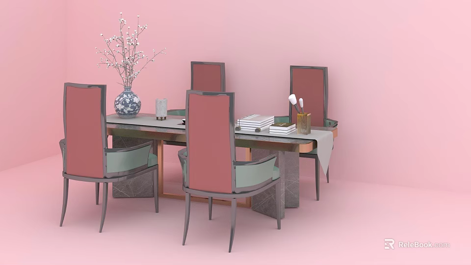 Modern Dining Table Set With Pink Green Upholstered Chairs Vase Books And Soft Pink Wall 3d model 