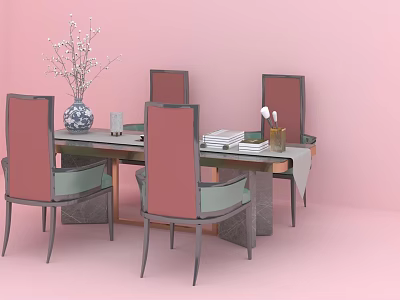 Modern Dining Table Set With Pink Green Upholstered Chairs Vase Books And Soft Pink Wall 3d model