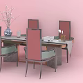 Modern Dining Table Set With Pink Green Upholstered Chairs Vase Books And Soft Pink Wall
