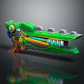 Futuristic Green Sci Fi Weapon with Yellow Blue Red Accents and Metallic Shiny Surface Design