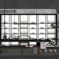 Modern Tea Room Interior With Minimalist Lighting Glass Shelves Long Table Bench And Potted Plant