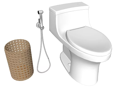 Modern Ceramic White Toilet With Bidet Sprayer And Wicker Basket 3d model