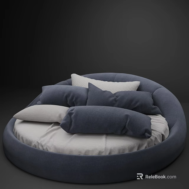 Modern Blue Round Bed With Light Gray Mattress And Multiple Soft Pillows 3d model 