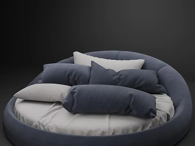 Modern Blue Round Bed With Light Gray Mattress And Multiple Soft Pillows 3d model