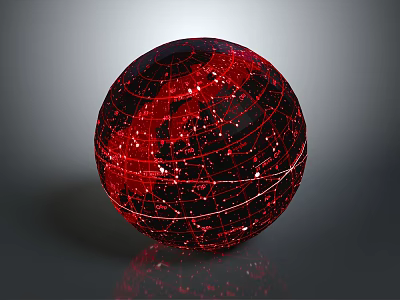 Abstract Red Sphere With Grid Lines Glowing Dots And Reflection In Digital Artwork 3d model
