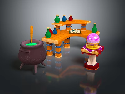 Wizard Workshop Scene With Cauldron Shelves Colorful Bottles And Magic Orb 3d model