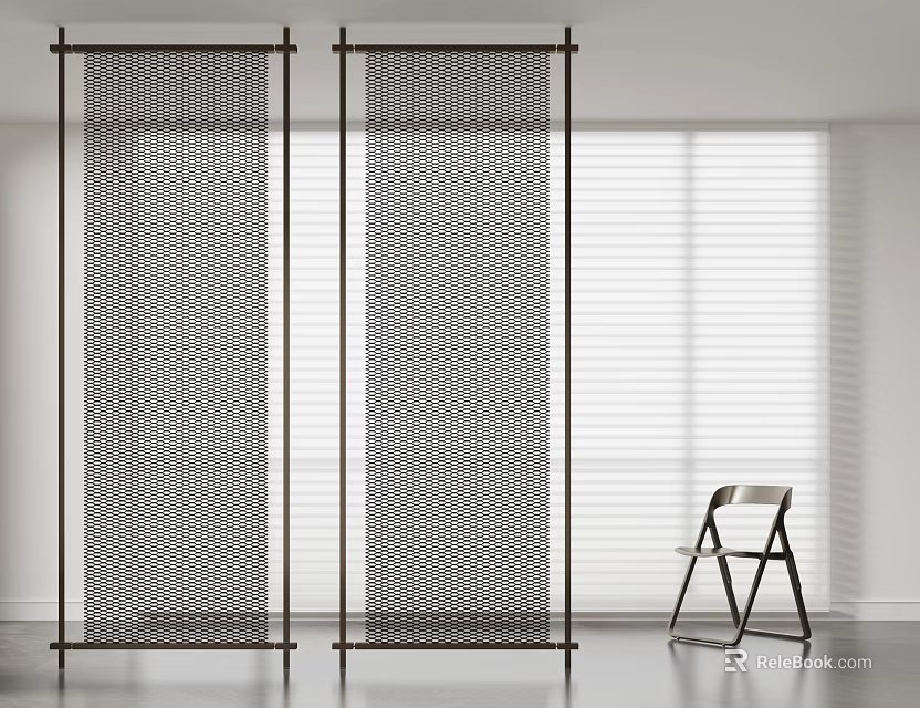 Modern Minimalist Room Divider With Perforated Mesh Black Frame And Folding Chair In Interior Space 3d model 