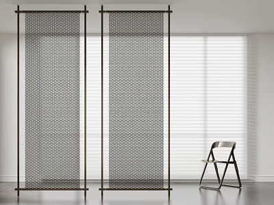 Modern Minimalist Room Divider With Perforated Mesh Black Frame And Folding Chair In Interior Space 3d model