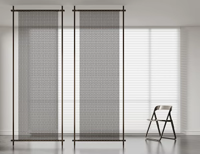 Modern Minimalist Room Divider With Perforated Mesh Black Frame And Folding Chair In Interior Space 3d model