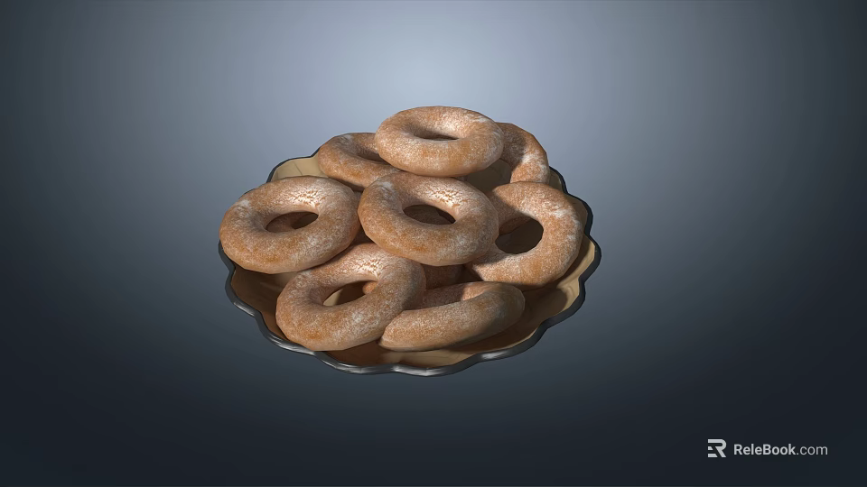 Freshly Baked Golden Donuts Stacked on a Round Ceramic Plate 3d model 