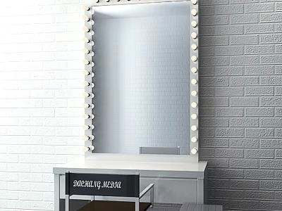 Modern Vanity Table With Lighted Mirror And White Brick Wall Background 3d model