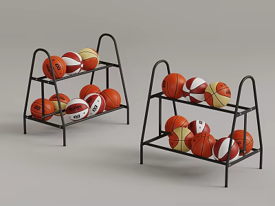 Black Multi Tiered Ball Storage Racks With Basketballs And Volleyballs 3d model
