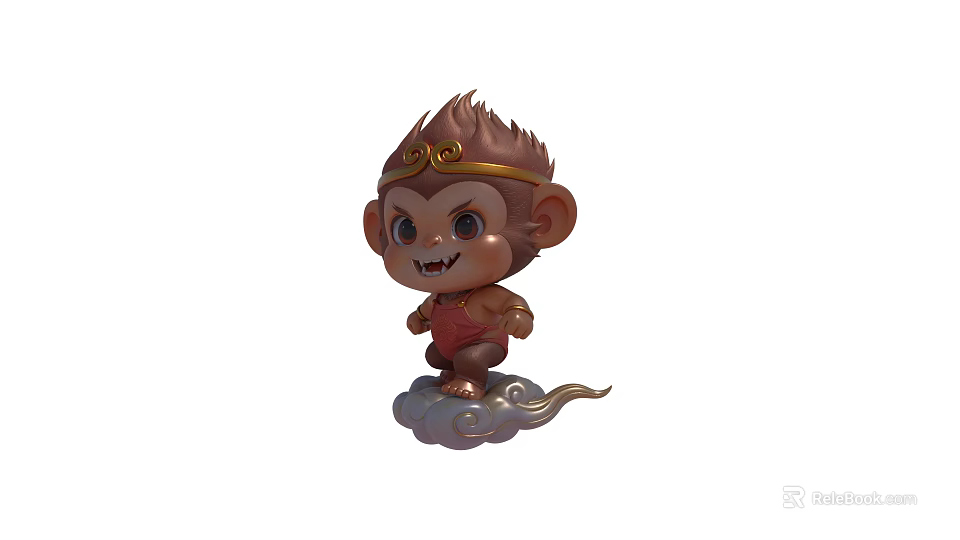 Cute Monkey Doll With Golden Headband Red Outfit Standing On Cloud Base 3d model 